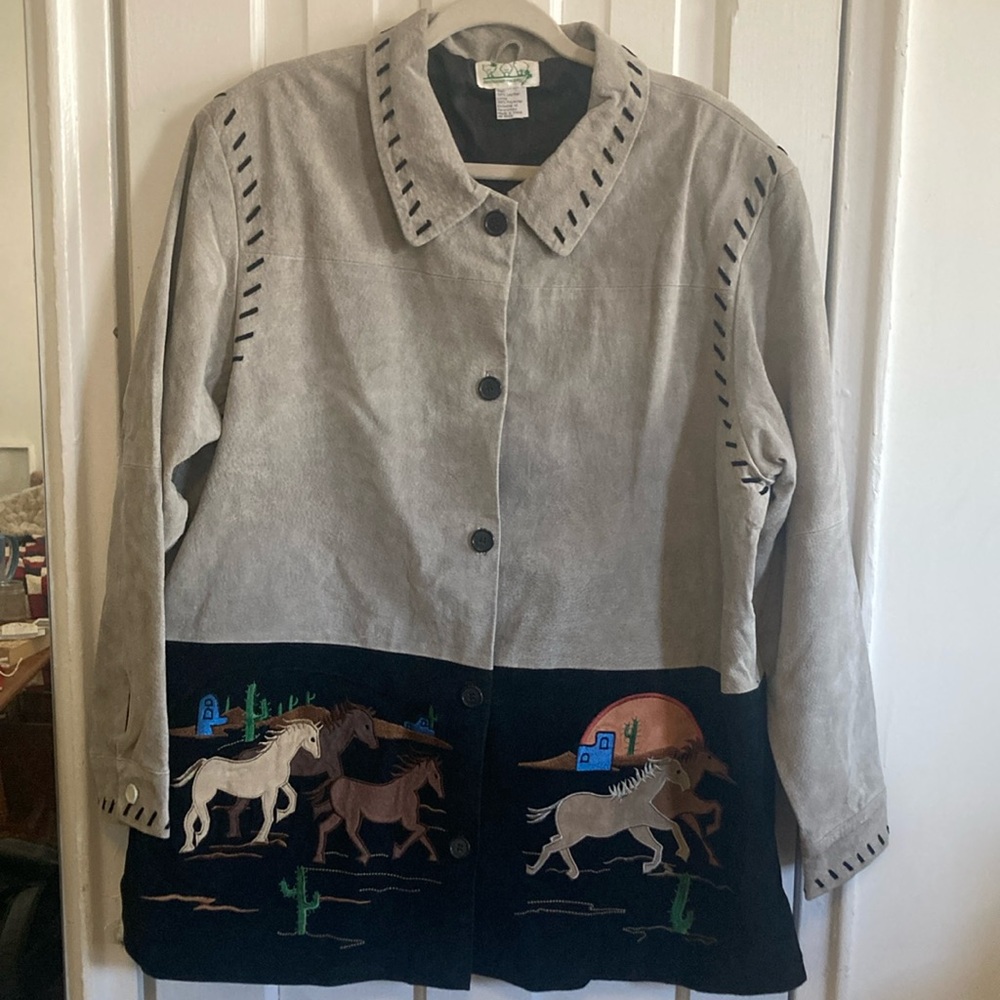 Vintage Western Suede Jacket Horse Desert Embroidery Cowboy Size L